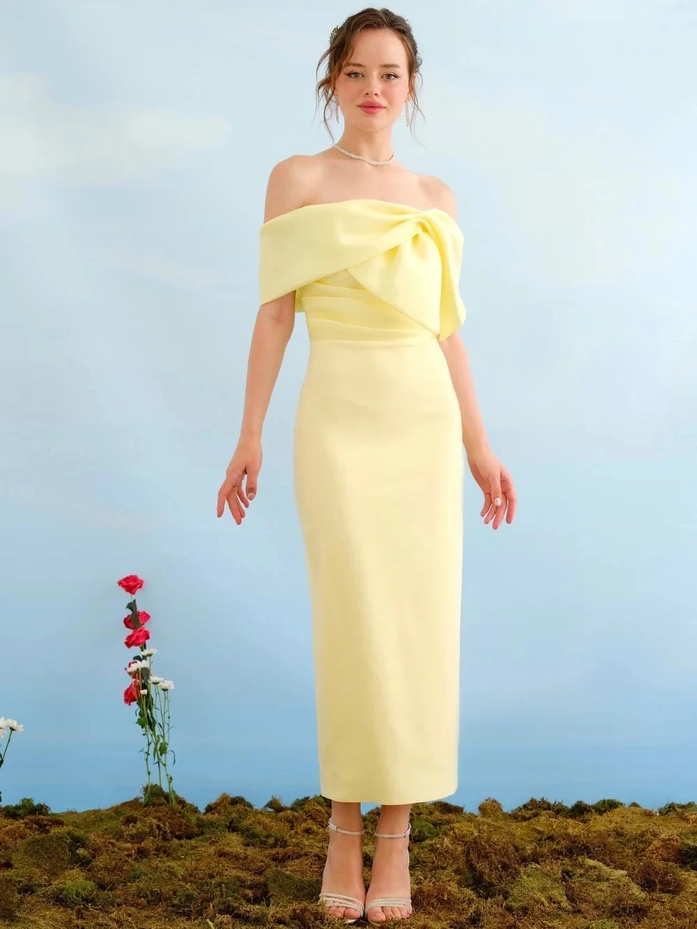 

Элегантное желтое вечернее вечернее платье-футляр с открытыми плечами, длиной до щиколотки, повседневные вечерние платья на день рождения, Robe De Soiree