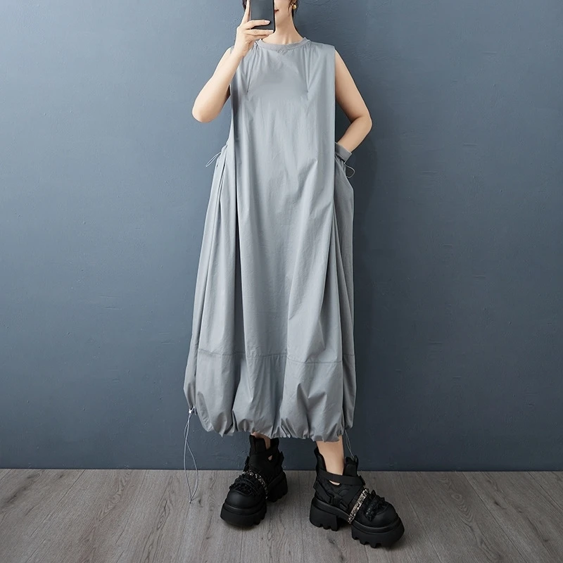 

Large Size Design Loose Sleeveless Large Pocket Workwear Drawstring Flower Bud Dress Women's Fashionable Vest Long Dress