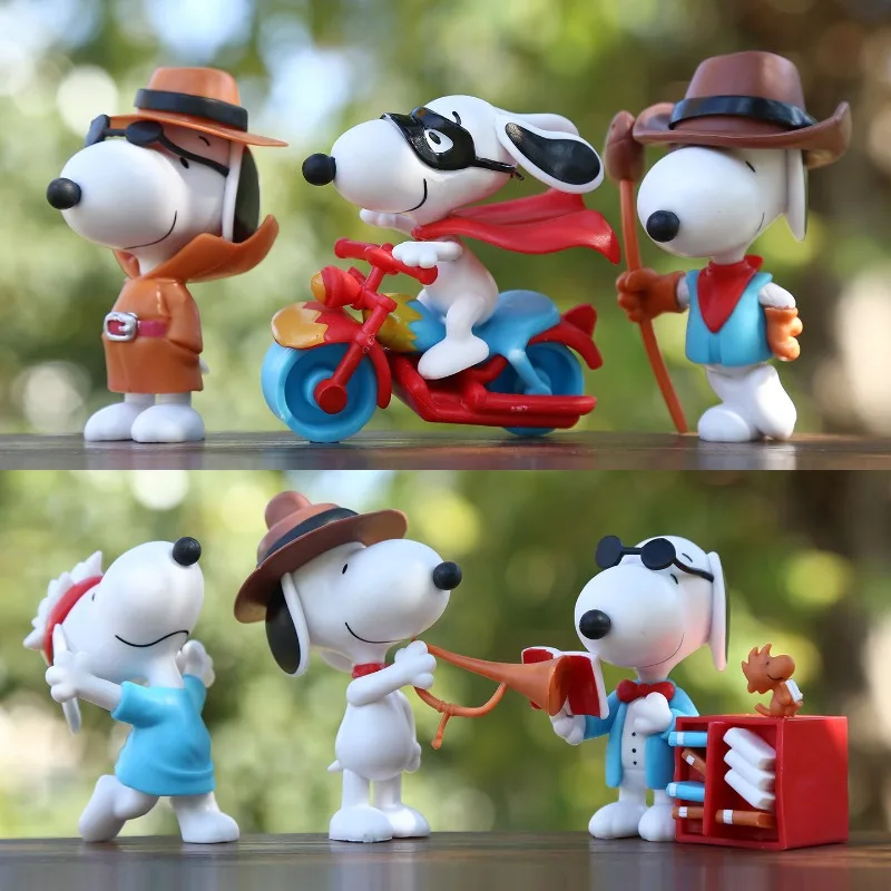 

6PCS Hot Kawaii Anime Snoopy Series Figure Model Cute Cartoon Character Creativity Exquisite Vehicle Desktop Toy Gift