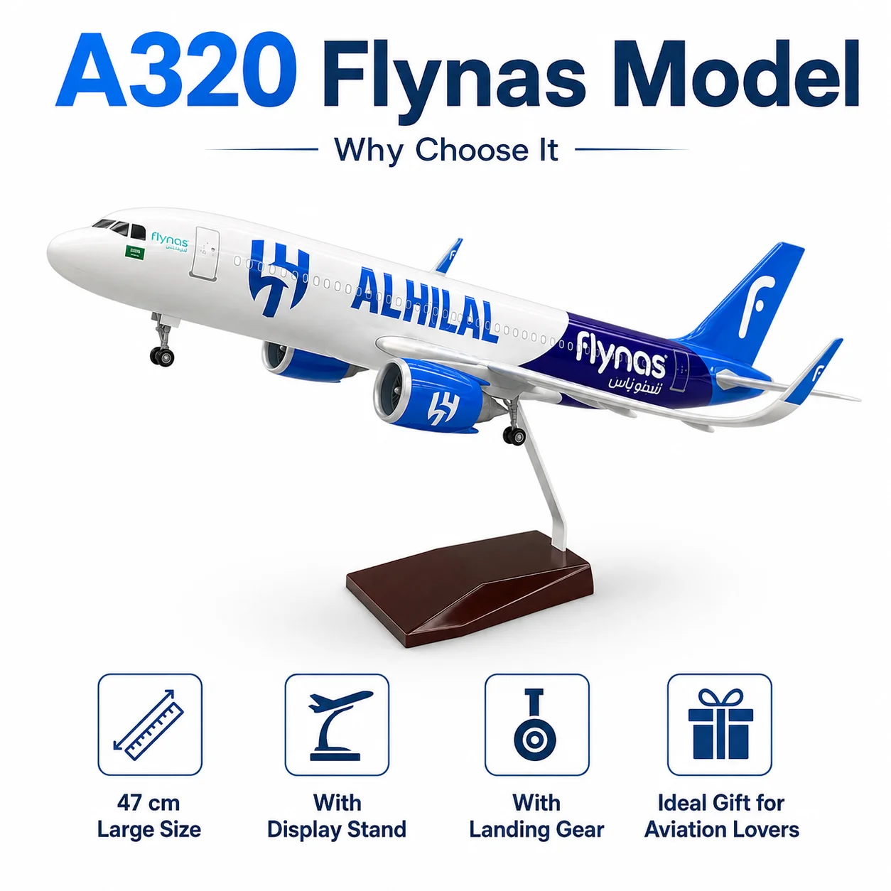 47cm A320 Saudi Flynas Airlines 1/80 Scale Aircraft Model with Stand and Wheels—Realistic Static Display Model