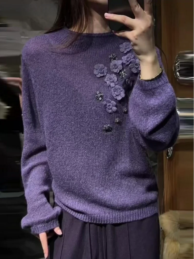 

La Chapelle Purple Embroidered Women's Knitwear Soft Cozy Lazy Style Spring Autumn Winter New Arrival Anti-Aging Cashmere Swe...