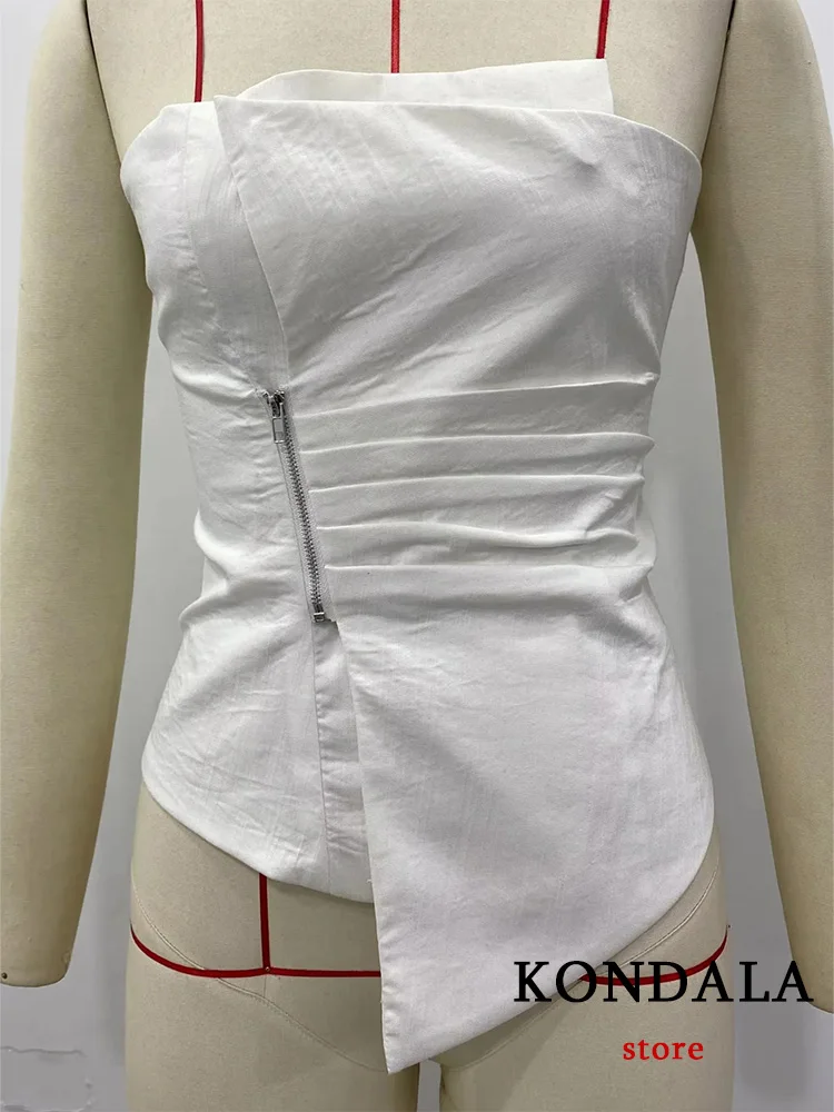 KONDALA Sexy Casual Vintage Chic Solid Women Tops Zipper Asymmetrical Short Slim Top New Fashion 2023 Summer Holiday Female Vest