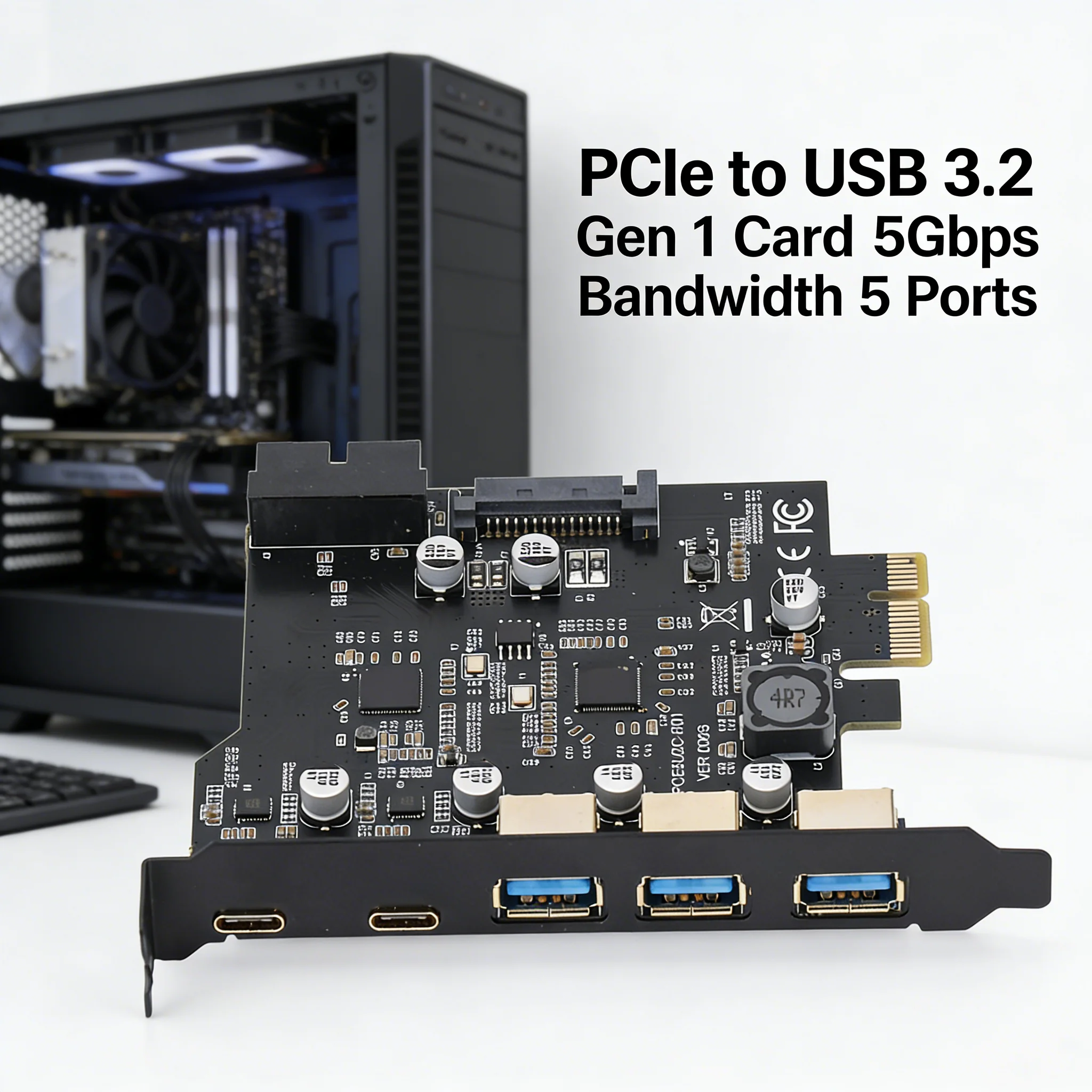 PCIe To USB 3.2 Card 2 USB Type C 3 USB Type A Easy Installation PCIe Expansion Card 5 Port for Desktop PC for Windows