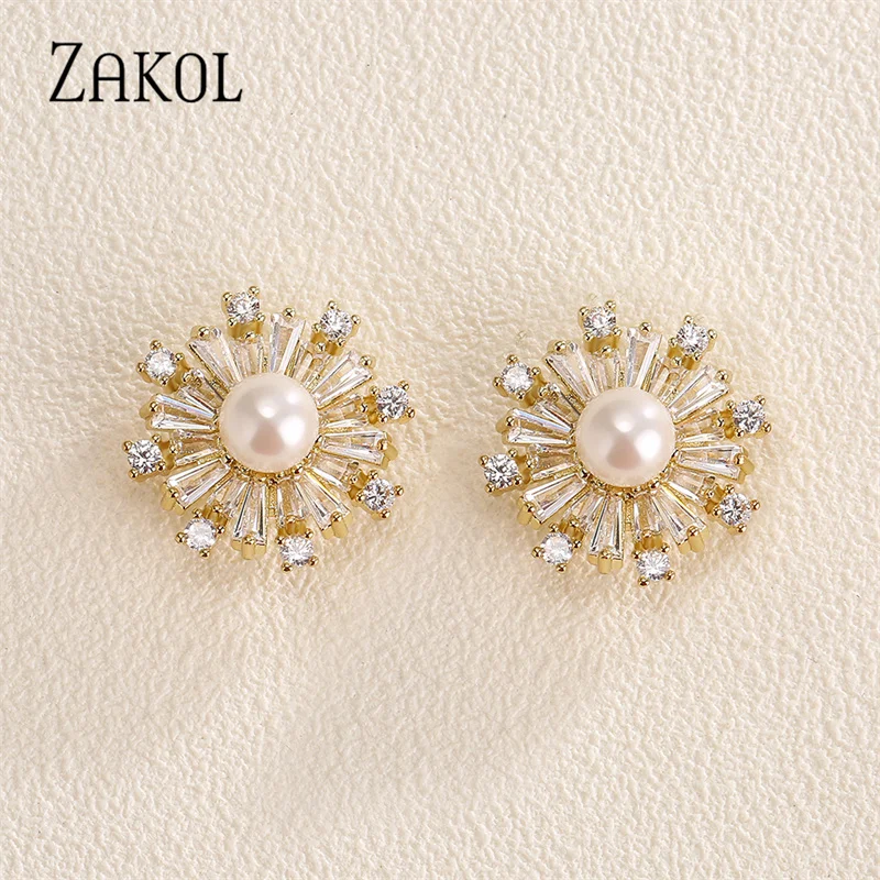 ZAKOL New Exquisite Cubic Zirconia & Imitation Pearls Snowflake Stud Earrings for Women Fashion Party Birthday Christmas Gift