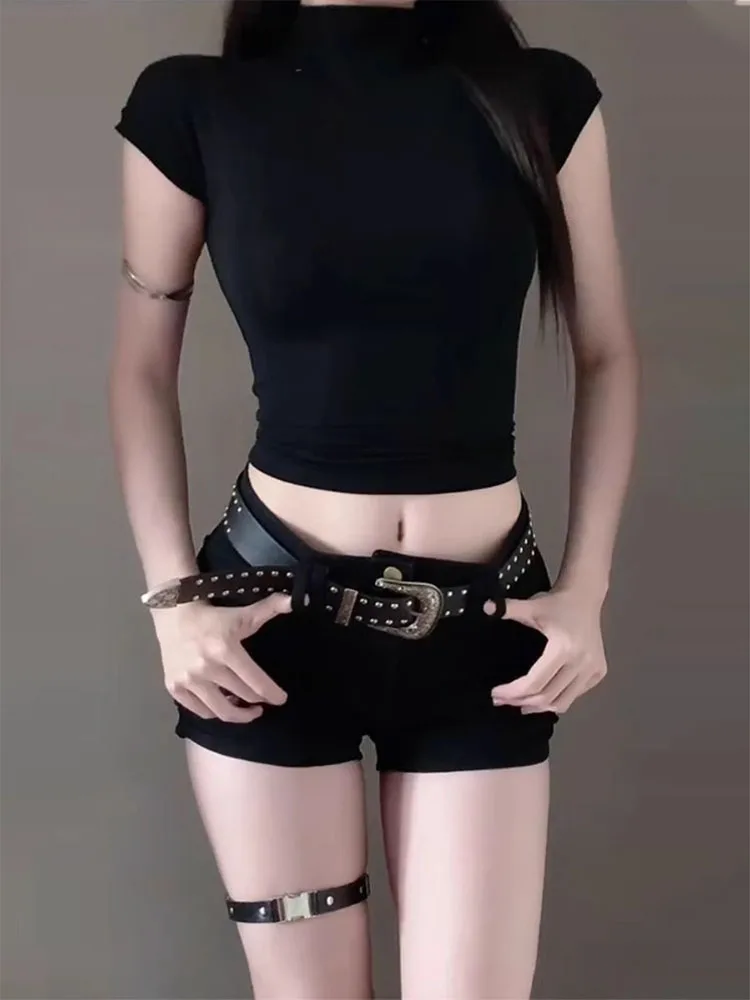 

American Style Low Waist Sexy Denim Super Shorts Women's Y2K Summer New Tight Elastic Slimming Black Wrap around Hot Pants
