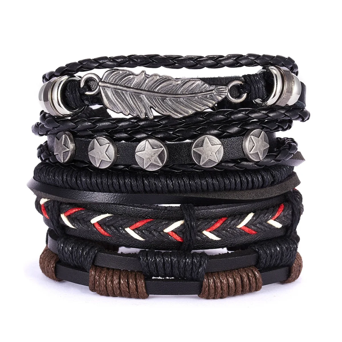 5 Teile/satz Multilayer Feder Stern Leder Armbänder Für Männer Frauen Retro Blatt Handgemachte Geflochtene Wrap Armbänder Armreif Schmuck Geschenk