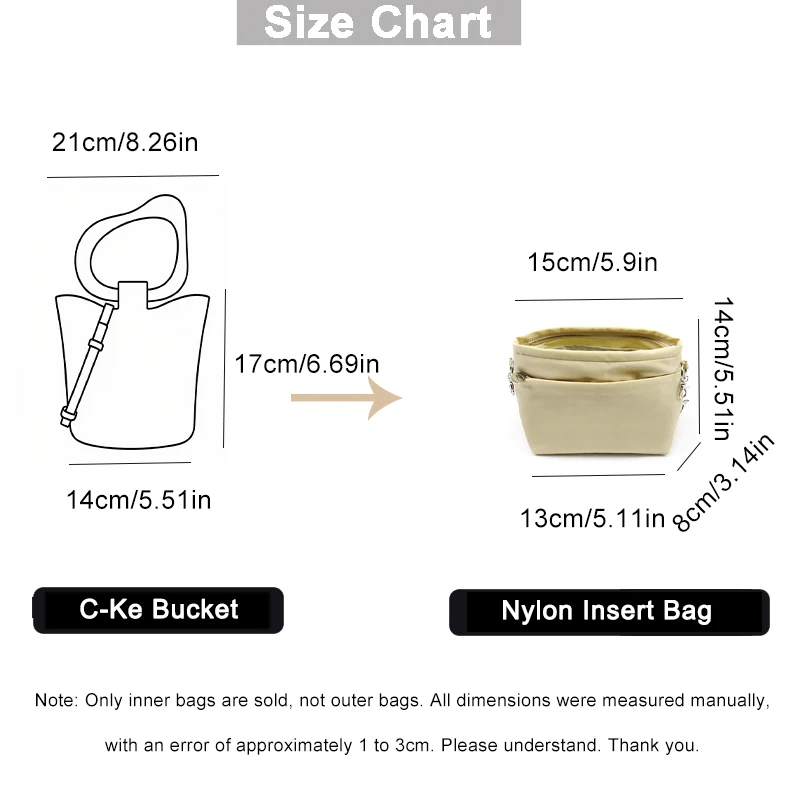EverToner Multi-Pocket Nylon Handbag Organizer for C-Ke Bucket Bag Shaper Zipper Pockets Large Capacity Divider Cosmetic Storage