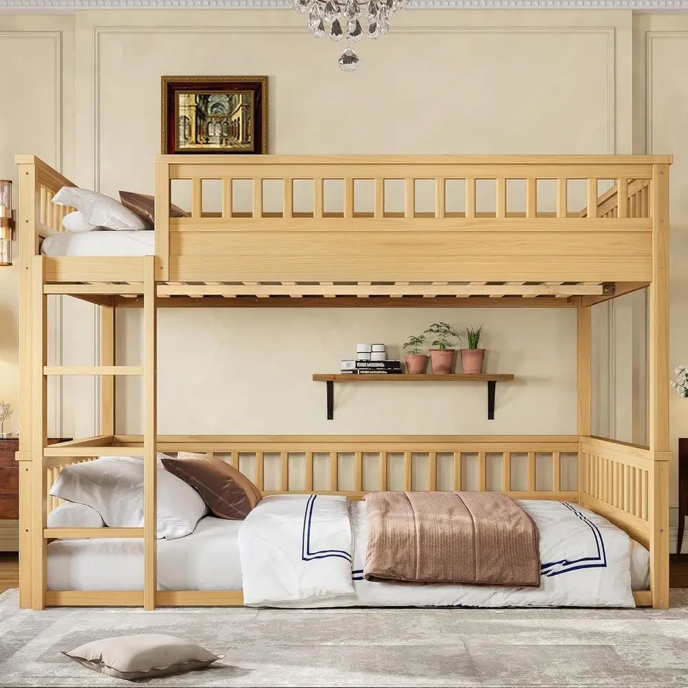 

Solid Pine Wood Natural Floor Bed, Queen Size Bunk with Safety Rails and Ladder, Suitable for Kids and Adults