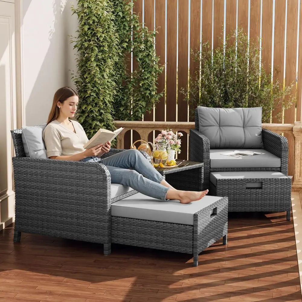 

Grey 5-Piece Outdoor Patio Furniture Set with Cushions, Ottomans, and Coffee Table for Balcony or Poolside Garden