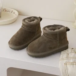 Botas de nieve de lana para niños y niñas, botas de cuero genuino de calidad, zapatos de algodón de gamuza de vaca suave para bebé, Invierno