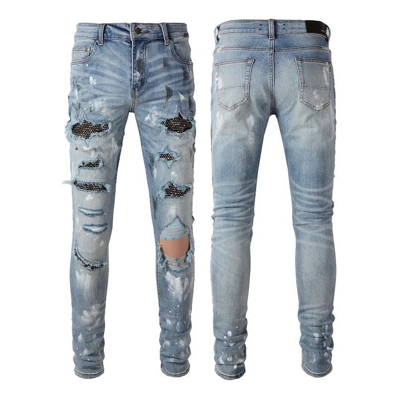 High Street Sle Diamond Embellied Stretchy Skinny Jeans Gescheurde denim Hoge taille lange broek Jeugdige trendy vrijetijdskleding