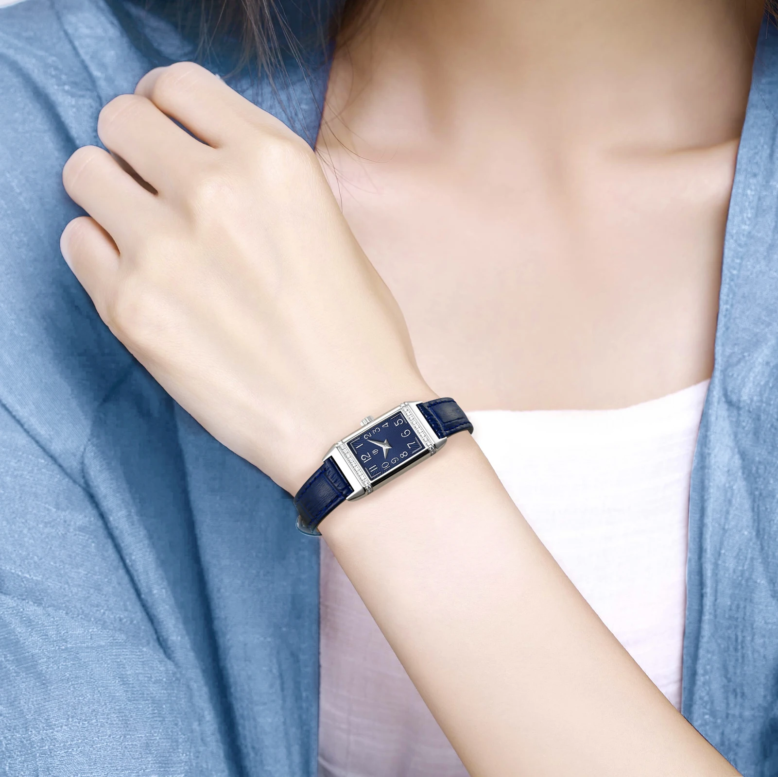 BERNY Square Watch for Women Rectangular Stainless Steel Waterproof Reverso One Quartz Wristwatch Leather Strap Ladies Watch