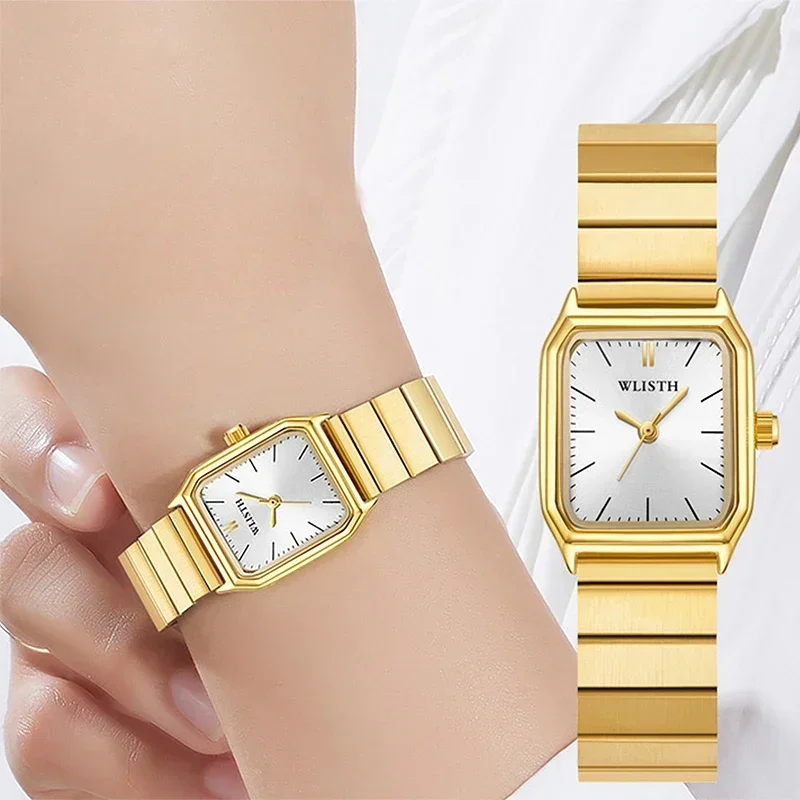 Relojes para mujer Reloj de pulsera de acero inoxidable con esfera única cuadrada de cuarzo de negocios de lujo para mujer Reloj de pulsera de oro