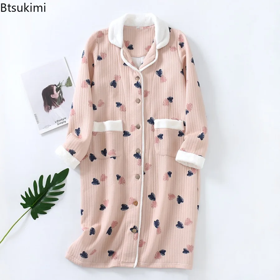 New 2026 Women's Autumn Winter Pajamas Pure Cotton Nightgown Bathrobe Air Cotton Thickened Laminated Cotton Home Oversized Robe