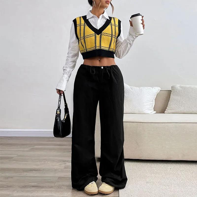 Vest Tops Knitted Sweater Women Short Top V Neck Sleeveless Plaid Y2k Streetwear Elegant Splice Casual Vest Jumper Simple Work