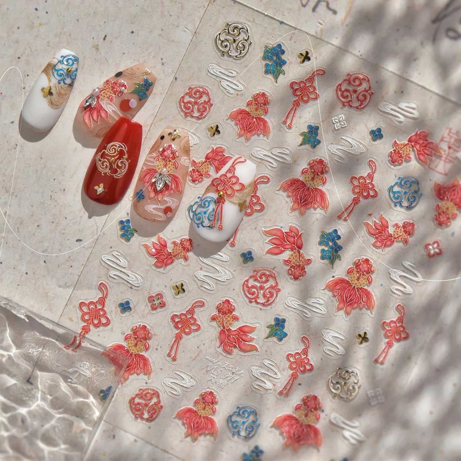 5D Red Gradient Koi Fish New Chinese Nail Sticker Chinese Knot Cloud Pattern Self-adhesive Nail Art Decals Retro Manicure Decor