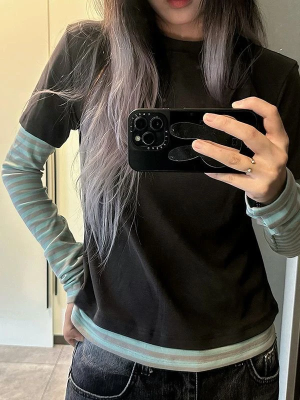 Striped T-shirt Women Tops Two Patchwork  Fashion T-shirt O-neck Autumn Long Sleeve T-shirt