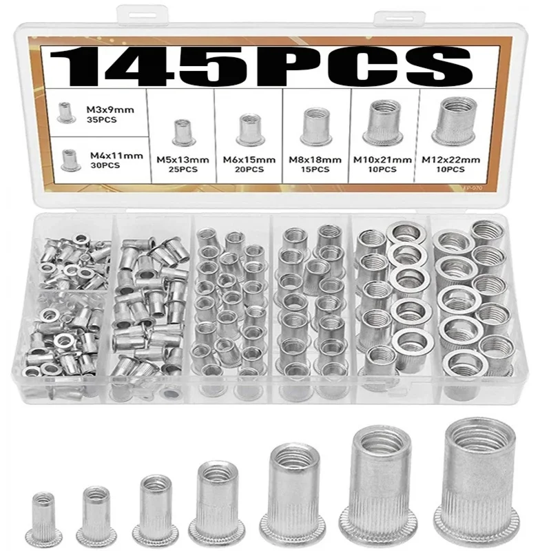 145Pcs Aluminum Rivet Nut Blind Nuts Threaded Insers Crimp Nut Flat Head Threaded Rivets Set Kit Accessories M3/4/5/6/8/10/12