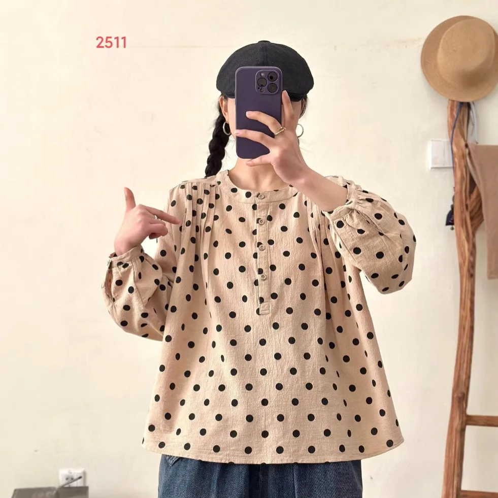 

Готовый запас] Высококачественная женская блузка из 100% хлопка, рубашка Wenyi Fan, винтажная свободная блузка в горошек с небольшим воротником-стойкой, топ