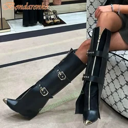 Metal Pointy Toe Boots Buckles Straps Zipper Trouser Boots Stiletto Heels Knee High Women Sexy Shoes New Spring Leather Cut Outs