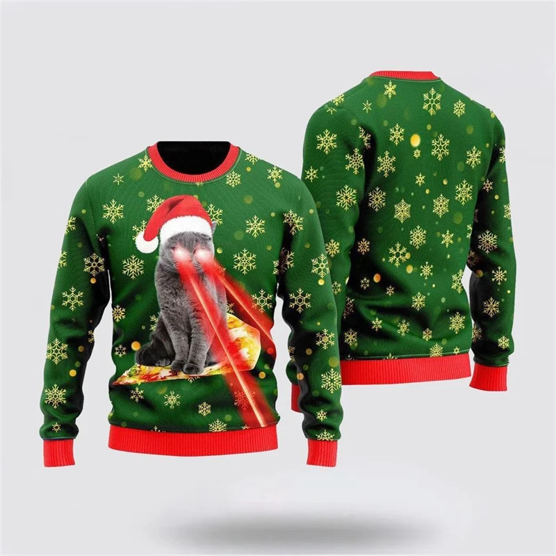 Funny Pizza Cat Pattern hoodies for man Christmas Ugly Sweater For Men Women Design Pullover Sweatshirt Xmas Men's clothing tops