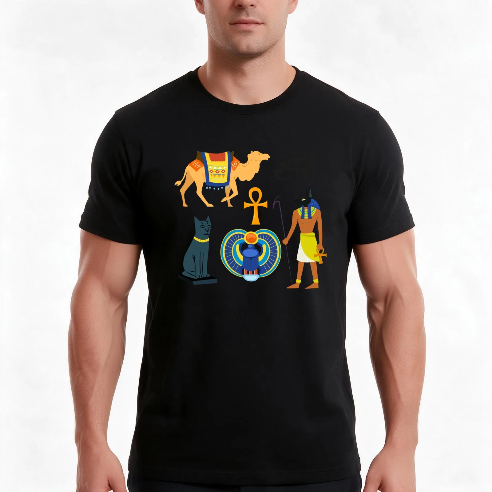 Horus, Anubis, Camel, Key of life, Bastet cat Scarab, ancient Egyptian pharaonic symbols T-Shirt, Summer Casual Cotton Tee