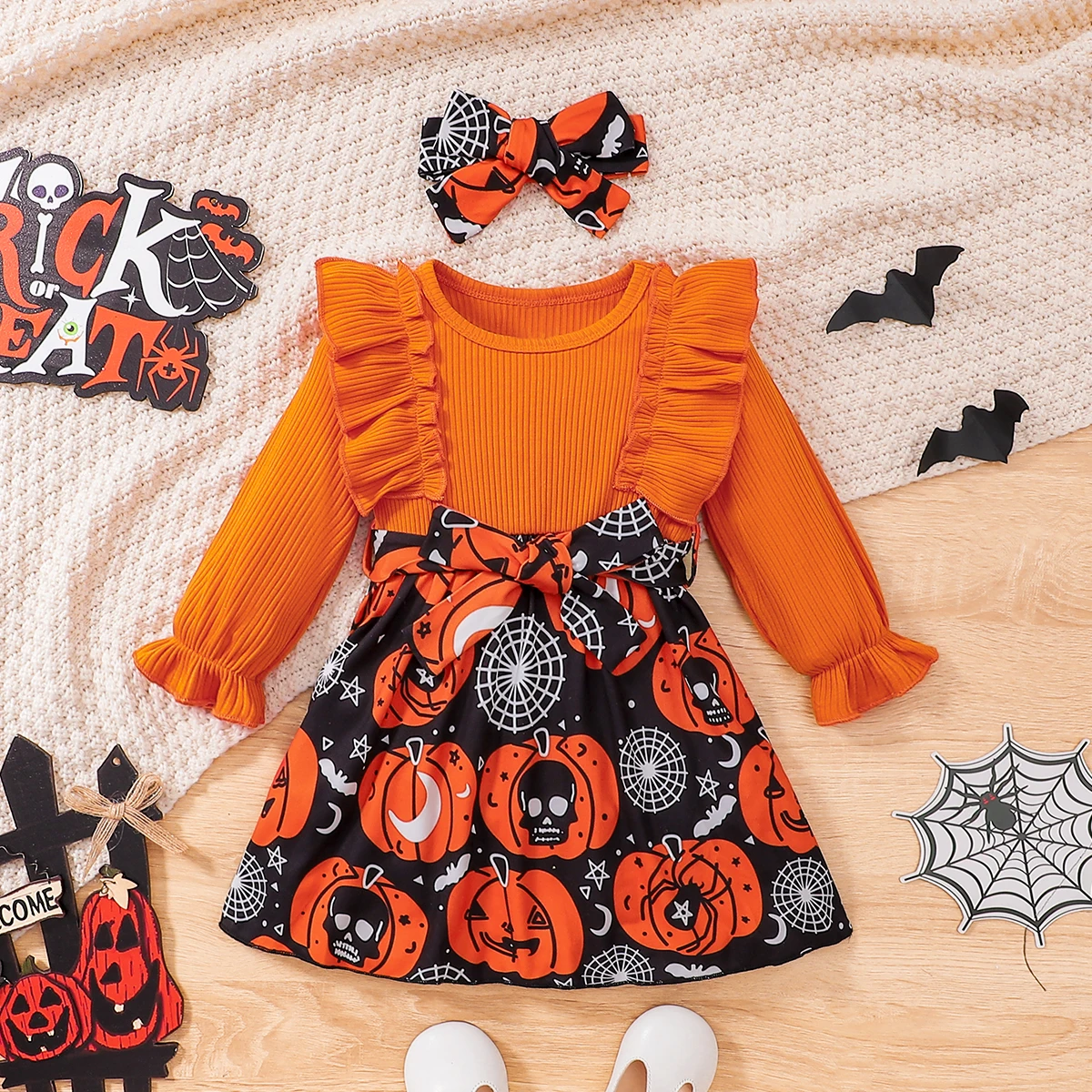 

Girls Dress Round Neck Lotus Leaf Horn Long Sleeved Spider Web Pumpkin Short Skirt Halloween Christmas Program New Style