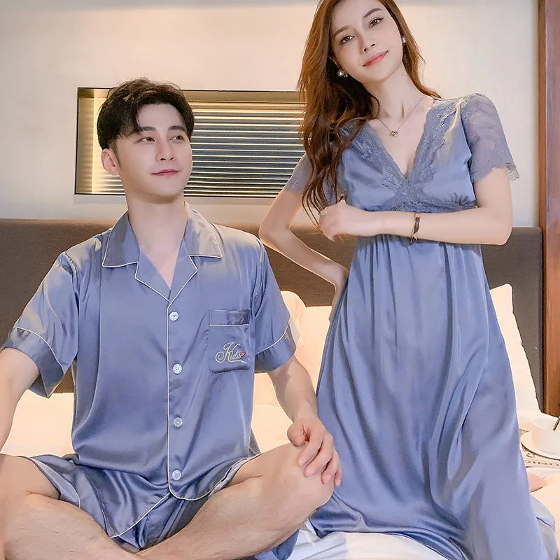 Couples Satin Silk Nightwear Plus Size Men\'s Short Sleep Sleeves Sleep Tops Shorts Pajamas Set Women Nightdress Home Clothes