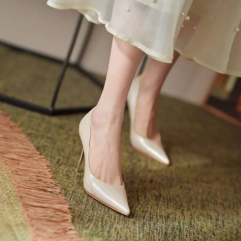 

Bare colored high heels for women slim heels genuine leather, sexy fashionable versatile, stylish pointed single shoes