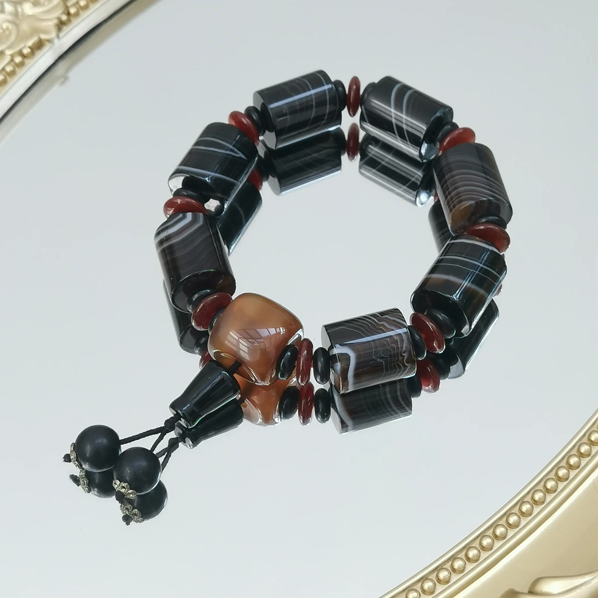 Lii Ji Pulsera de piedra auténtica marrón y negra, pulsera Mala de ágata para pulsera Protact de 20-21cm para hombres y mujeres