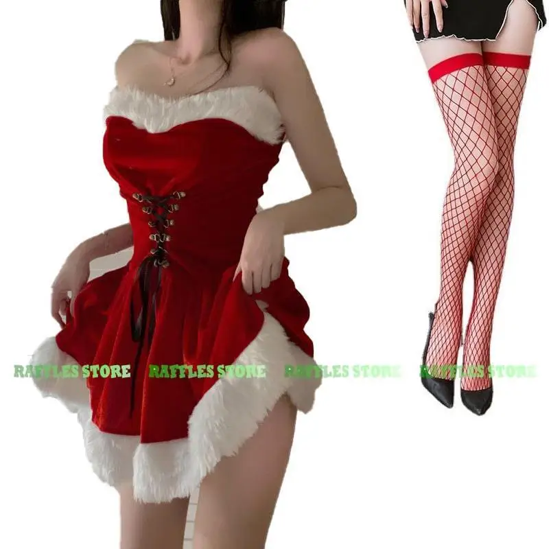 Vestido Sexy de Papá Noel para mujer, traje de Cosplay de Año Nuevo, Navidad y Navidad, gorro de invierno, capa de conejito, atuendos rojos, 2024