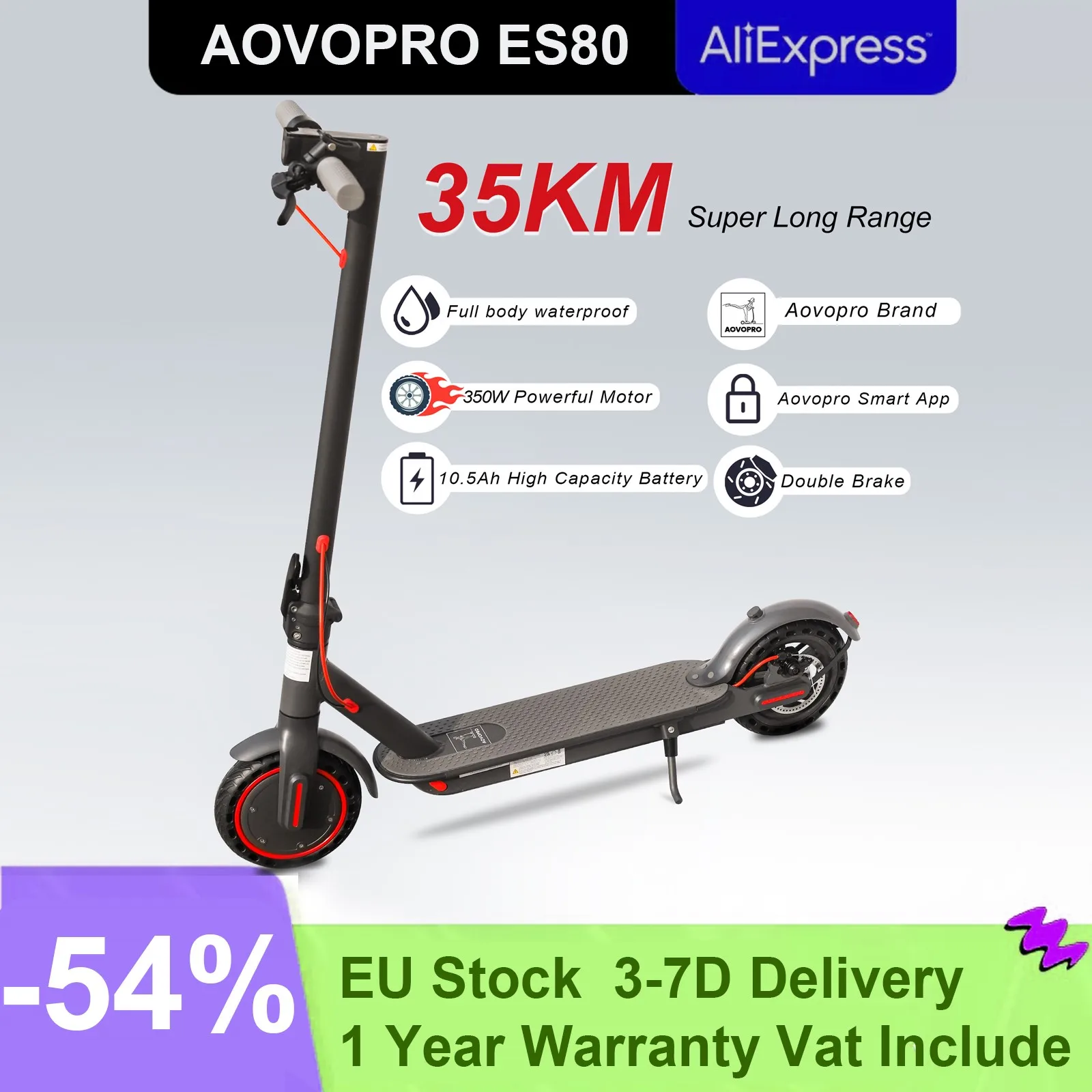 AOVOPRO ES80 Skateboards Citycoco  Kick 2 Wheels Motor EScooter 8.5Inch 350W 10.5Ah Adult Foldable Electric Scooter Eu Warehouse