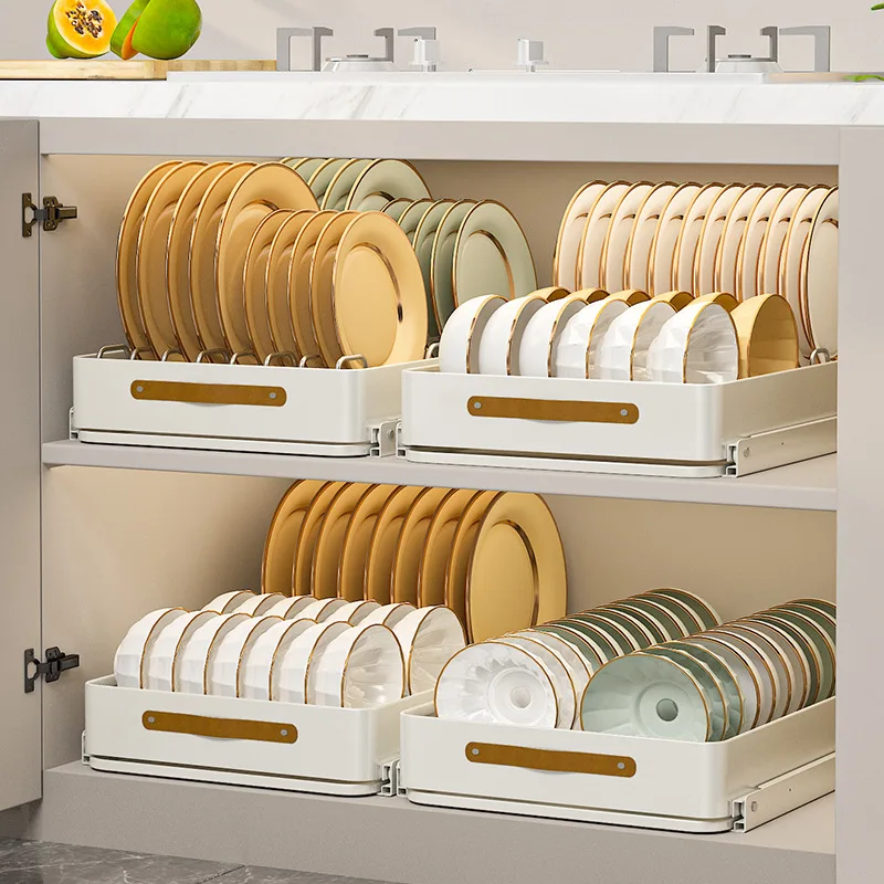 Stainless Steel Pull-Out Holder Kitchen Tableware Storage Tray Cabinet Drawer Style Basket Removable with Slide Rails Drain Rack