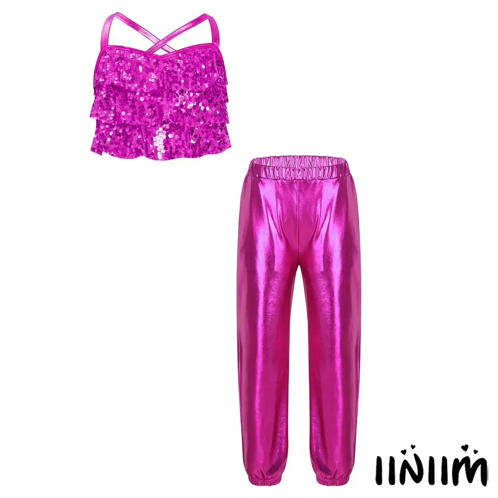 

Girls Sparkly Sequins Jazz Dance Costume Set Tiered Ruffles Metallic Camisole with Glossy Pants for Cheerleading Performances