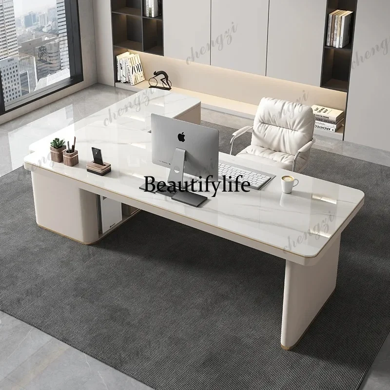 E182   Corner Designer Modern Office Desk Accent President Reception High Rock Plate Office Desk Light Luxury Home Furniture