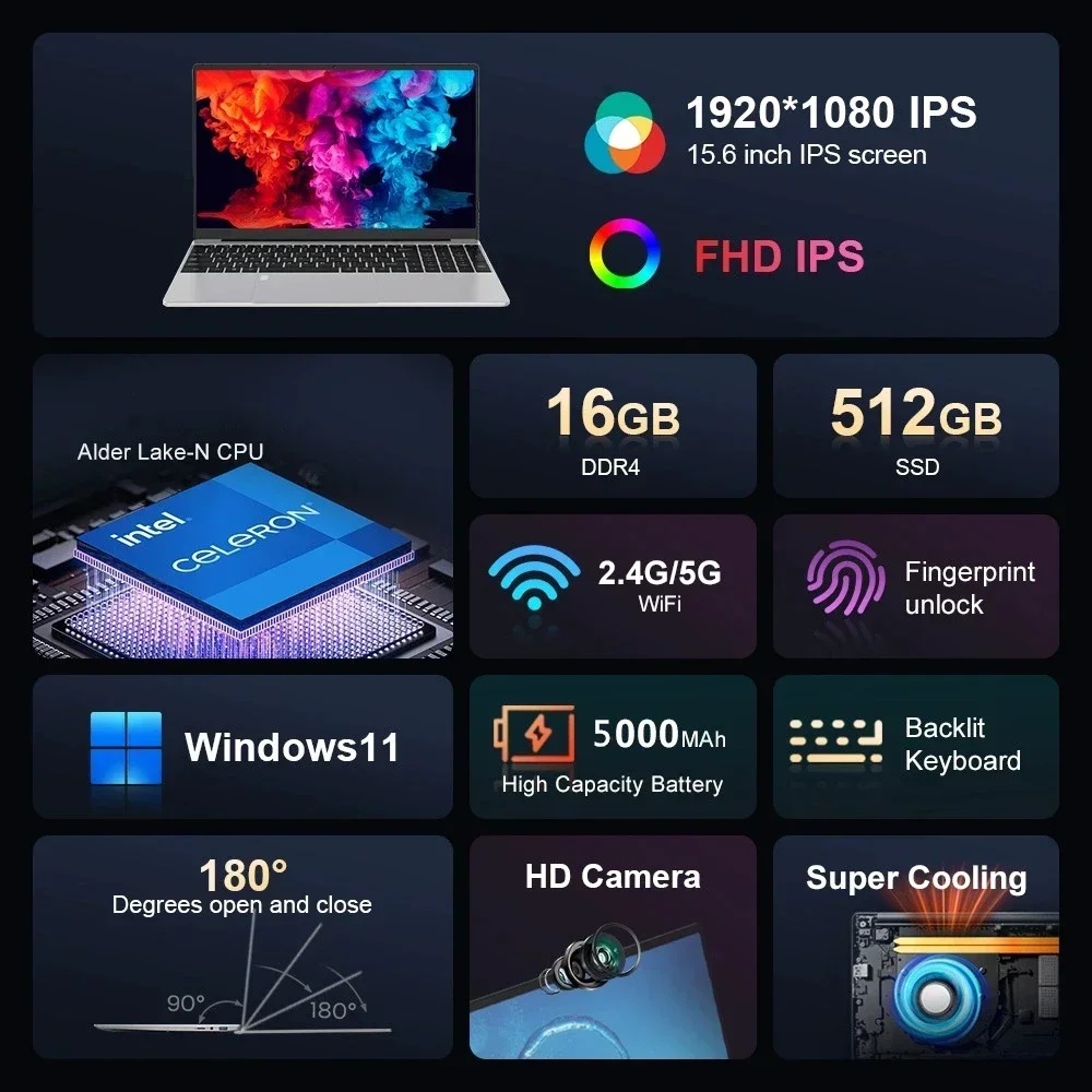 مكتب الطالب 15.6 بوصة حماية العين IPS كمبيوتر محمول 16 جيجابايت رام 11th الجنرال Intel Celeron N5095 Windows 11 Pro 5G WiFi شحن سريع