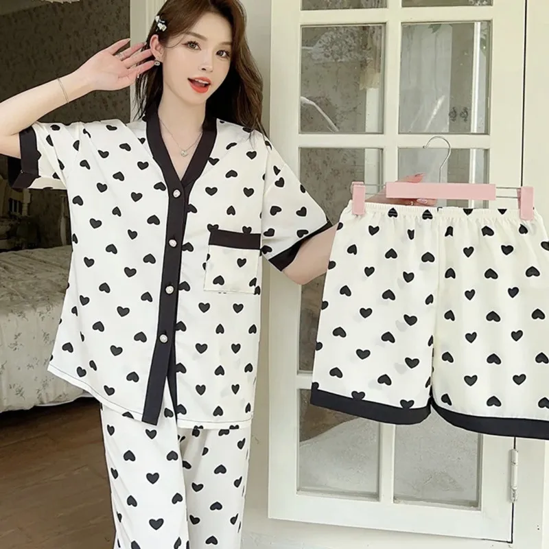 Pajamas Three-Piece Spring and Summer Loose Cardigan Cute Sweet Homewear Casual and Comfortable Thousand Birds Black Pajama Set