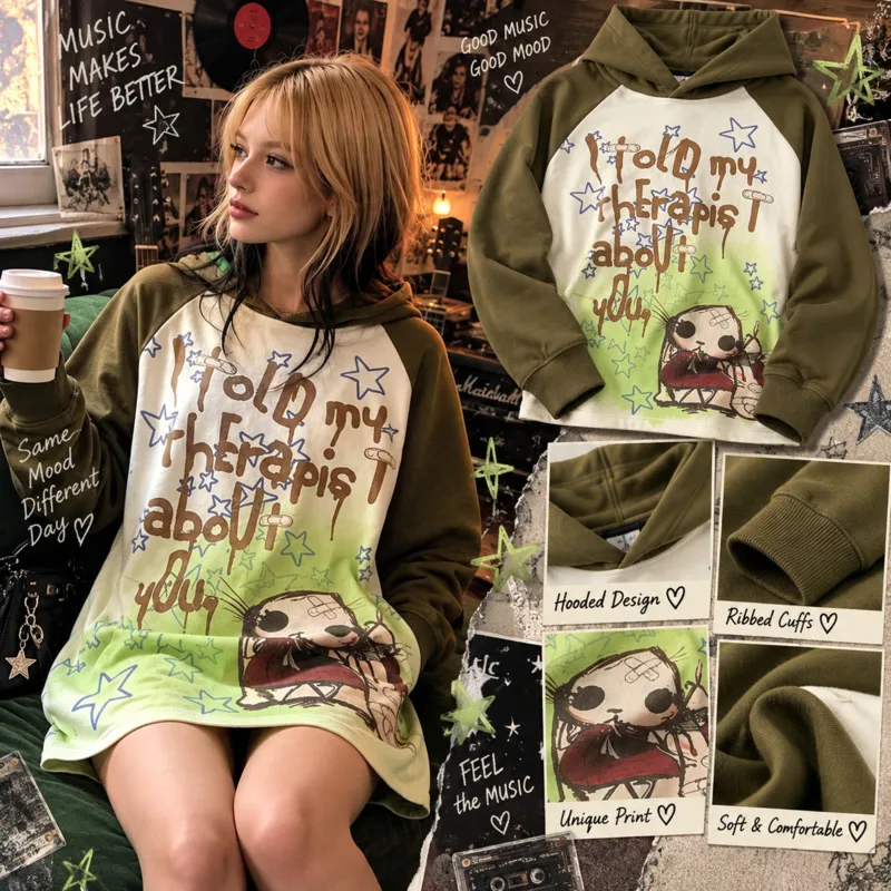 Punk Y2K Top Girl Subculture Cartoon Graffiti Sweatshirt Raglan Long Sleeve Loose, Top Casual Streetwear Unisex Couple, Gift New