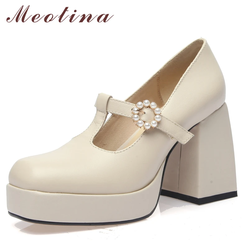 

Meotina Genuine Leather Women T-Strap Shoes Platform Thick Heels Pumps Buckle Crystal Extreme High Heels Ladies Footwear Spring