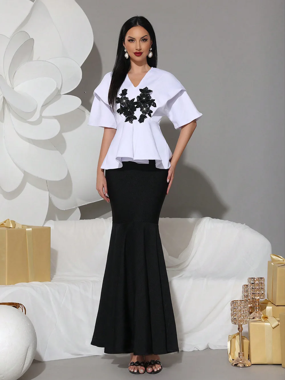 Modphy Elegant Rhinestone Appliques Half Sleeve Top&High Waist Mermaid Long Skirt Two Piece Set Women Formal Bandage Dress Set