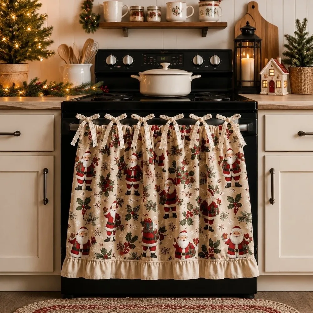 Ruffle Edge Christmas Oven Short Curtain Snowman Deer Xmas Tree Santa Oven Cover Curtain Countryside Style Flower