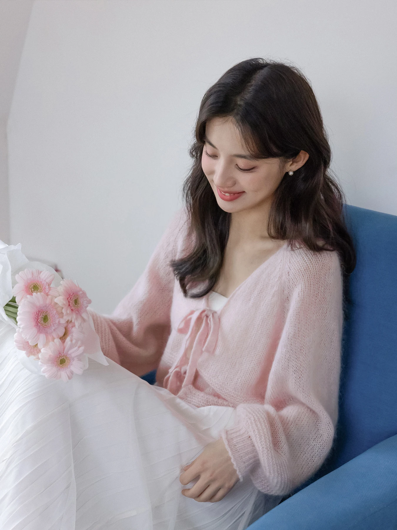 

Ультрамягкий вязаный свитер-пальто Sakura Mist для женщин, весенний, маленький размер, с рукавами-фонариками, с поясом, из шерстяной смеси, комфортный, длинный рукав