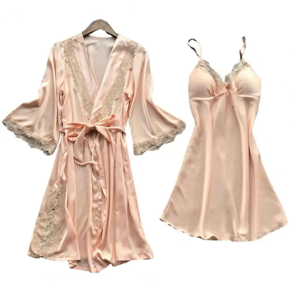 2 Pcs/Set Pajama Set Lace Patchwork Bow Decor Silky Lace-up Tight Waist Loose Long Sleeve Nightgown Split Nightdress Set