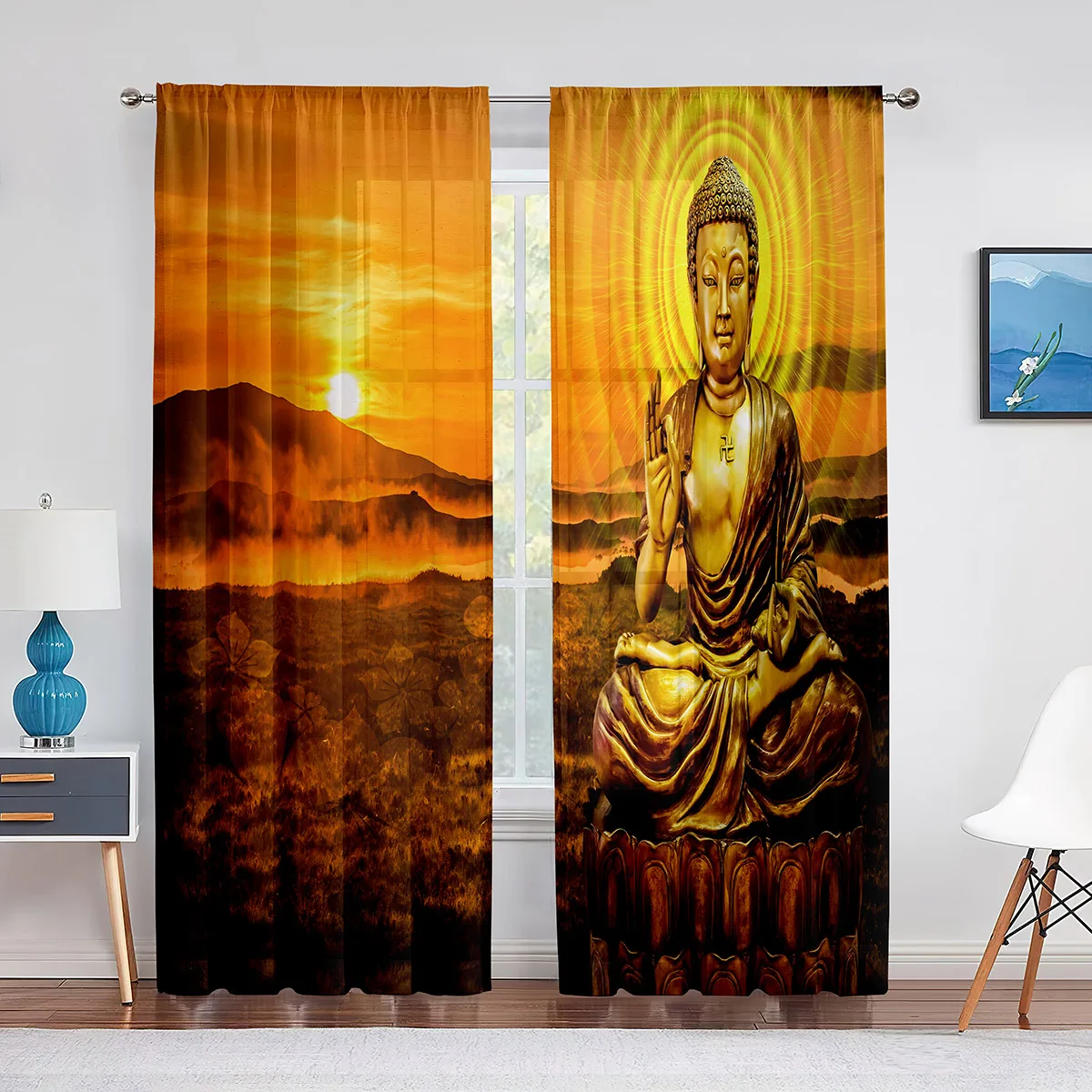 

Buddhist Buddha Statue Golden Light Sunset Thin Curtain for Living Room Kitchen Window Bedroom Decor Curtains 2panels Rod Pocket