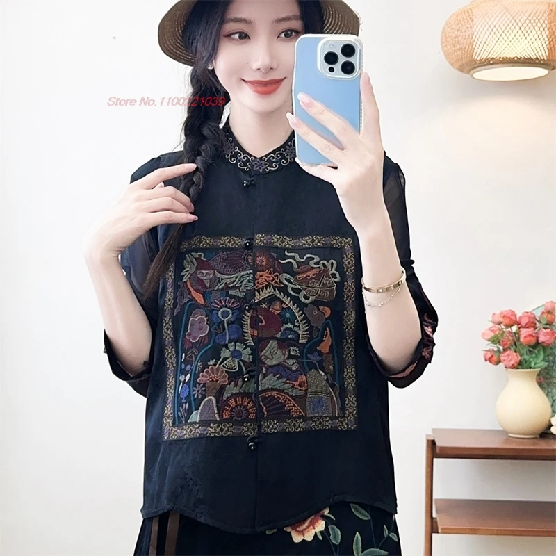 

2024 national flower embroidery satin jacquard vest chinese traditional stand collar folk vest hanfu tops sleeveless jacket vest