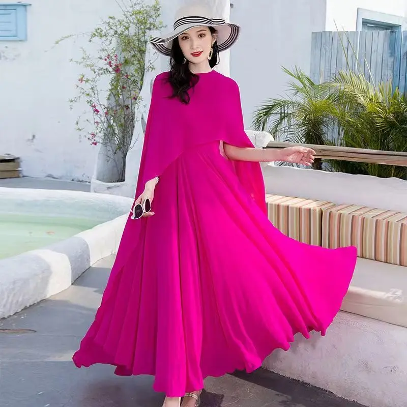 Women Big Swing Long Dress Fairy Two-piece Cape Chiffon Dress Summer New Plus Size Bohemian Sunscreen Beach Dress Clothing 2026