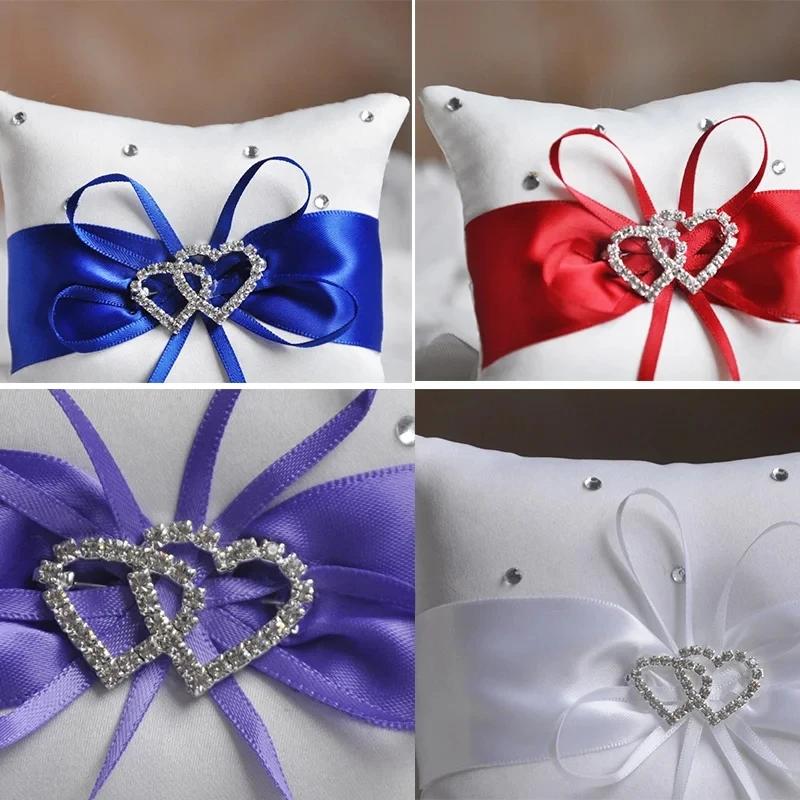 Wedding Ring Pillow for Wedding Decoration 20 X 20cm Double Heart Rhinestones Decor Satin Bridal Cushion with Ribbons