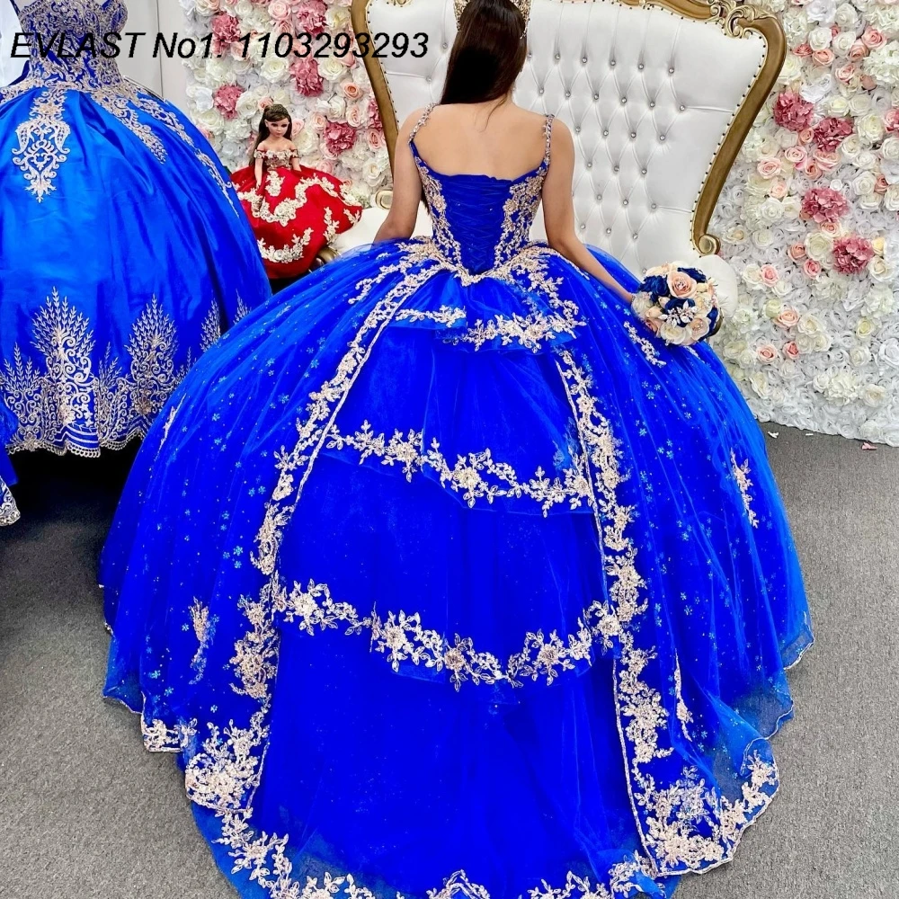 Gaun Quinceanera Biru Royal Kustom EVLAST Model Ball Gown dengan Aplikasi Renda Emas dan Manik-Manik, Gaya Meksiko untuk Sweet 16, Vestidos De 15 Anos E1QN604