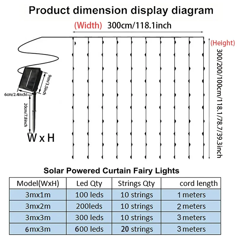 Outdoor Solar Curtain String Lights 6M 8Modes Christmas Lighting Fairy Lights Great for Navidad Party Patio Garden Wedding Decor