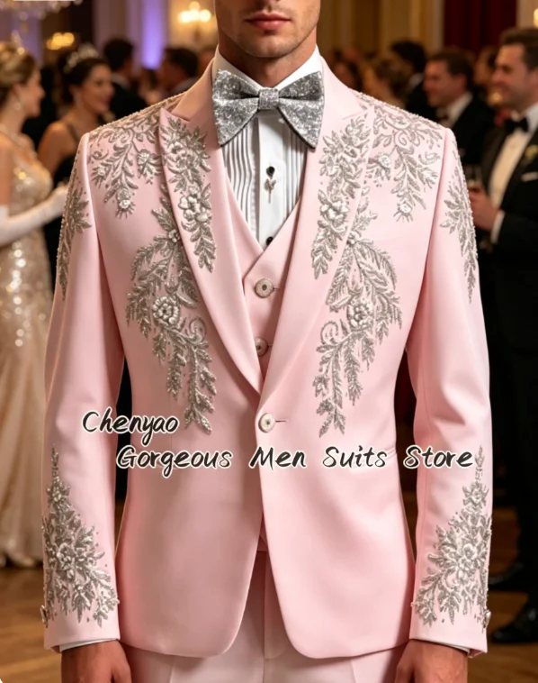 High-End Floral Embroidery Men Suits Customized Groom Tuxedos Party Elegant Male Blazers 3Pcs Sets Formal Wear ropa hombre